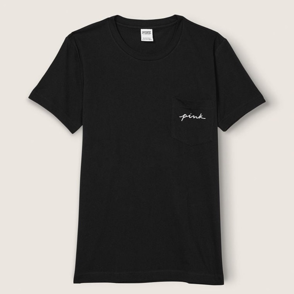 VS VICTORIAS SECRET PINK CAMPUS SHORT SLEEVE TEE TOP PURE BLACK PALM SHINE XS - Picture 5 of 8
